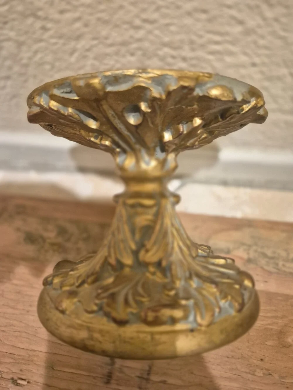 Vintage Ornate Gold Acanthus Leaf Pillar Candle Holder Pedestal  4x5x4 Inches